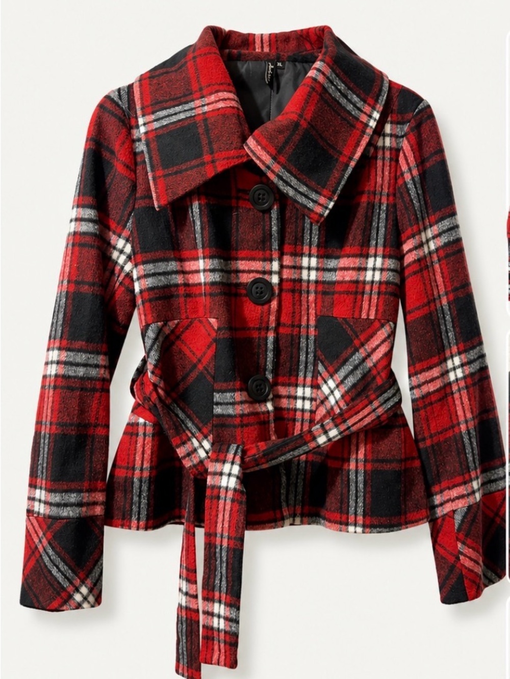 Ambition Red Black Plaid Belted Jacket XL Oversized Collar - Picture 2 of 5